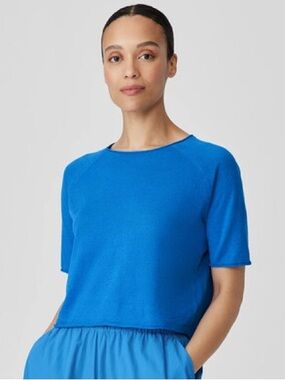 EILEEN FISHER NWT L Organic Linen Cotton Jewel Neck Top in Calypso Blue Coastal